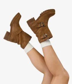 Bosanova Bottes De Motard | Chaussures En Cuir | Boots en cuir suédé taupe à boucles