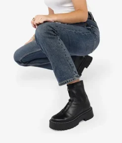 Bosanova Bottes Militaires | Bottes De Plateforme | Bottines en cuir noir avec fermeture éclair sur le devant et plateforme