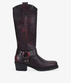 Bosanova Bottes À Talons | Bottes De Motard | Bottines motardes bordeaux avec anneau en métal