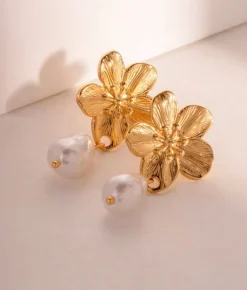 Bosanova Boucles D'oreilles | Boucles d'oreilles fleur dorée avec perle