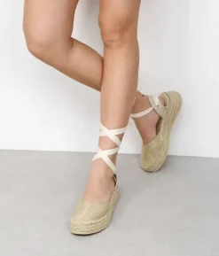 Bosanova Espadrilles | Sandales Compensées | Espadrilles compensées en raphia beige à longues brides