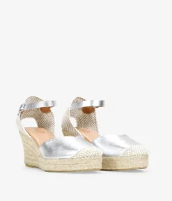 Bosanova Espadrilles | Sandales Compensées | Espadrilles en cuir argenté avec semelle compensée en sparte