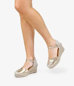 Bosanova Espadrilles | Sandales Compensées | Espadrilles en cuir doré avec semelle compensée en sparte