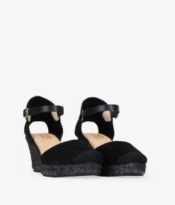 Bosanova Espadrilles | Sandales Compensées | Espadrilles en cuir noir avec boucle