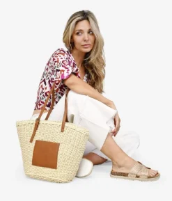 Bosanova Sacs Raphia Et Crochet | Sacs Porté Épaule | Nacelle en raphia beige avec poche