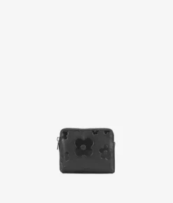 Femme Bosanova Porte-monnaie | Petit sac à main en cuir noir avec fleurs et fermeture éclair