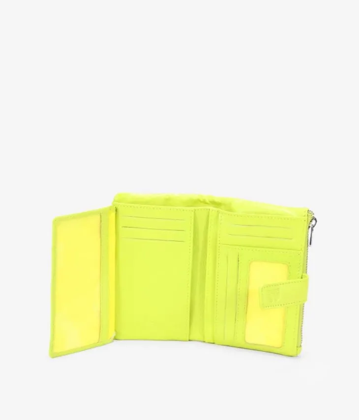Femme Bosanova Portefeuilles | Portefeuille moyen en cuir vert citron avec fermeture éclair et compartiments