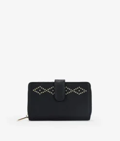Femme Bosanova Portefeuilles | Portefeuille noir moyen avec clous, fermeture éclair et bouton.