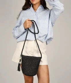 Bosanova Sacs À Bandoulière | Sacs Raphia Et Crochet | Sac bandoulière en raphia noir avec fermeture éclair