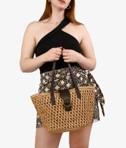 Bosanova Sacs Shopper | Sacs Raphia Et Crochet | Sac bandoulière en raphia marron à rabat