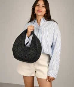 Bosanova Sacs Raphia Et Crochet | Sacs Porté Épaule | Sac bandoulière en raphia noir