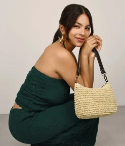 Bosanova Sacs Raphia Et Crochet | Sacs Porté Épaule | Sac bandoulière en raphia beige avec fermeture éclair