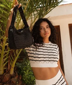 Bosanova Sacs Raphia Et Crochet | Sacs Porté Épaule | Sac bandoulière en raphia noir