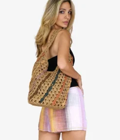 Bosanova Sacs Raphia Et Crochet | Sacs Porté Épaule | Sac bandoulière en raphia à rayures multicolores