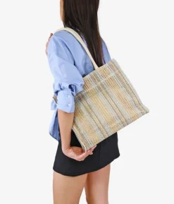 Bosanova Sacs Raphia Et Crochet | Sacs Porté Épaule | Sac bandoulière en raphia beige et bleu
