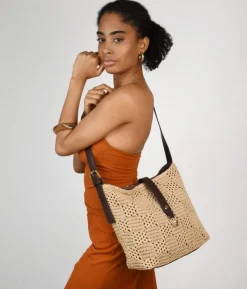 Bosanova Sacs Porté Épaule | Sacs Raphia Et Crochet | Sac bandoulière en sparte marron avec rabat