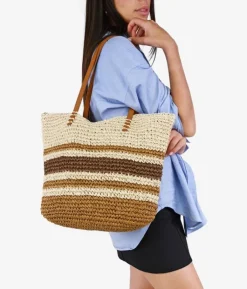 Bosanova Sacs Raphia Et Crochet | Sacs Porté Épaule | Sac bandoulière marron en raphia rayé