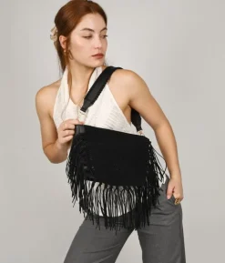 Bosanova Sacs À Bandoulière | Sacs Porté Épaule | Sac bandoulière noir à rabat et franges