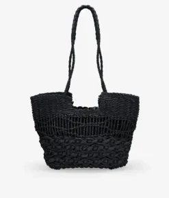 Bosanova Sacs Raphia Et Crochet | Sacs Porté Épaule | Sac cabas noir à bandoulière avec fermeture éclair