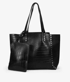 Bosanova Sacs Shopper | Sacs Porté Épaule | Sac cabas noir avec gravure animalière et clous
