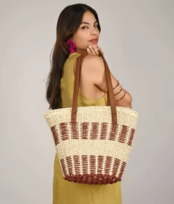 Bosanova Sacs Raphia Et Crochet | Sacs Porté Épaule | Sac cabas porté épaule en raphia beige et bordeaux
