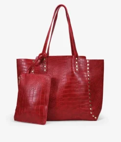 Bosanova Sacs Shopper | Sacs Porté Épaule | Sac cabas rouge gravé imprimé animalier avec clous