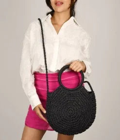 Bosanova Sacs À Bandoulière | Sacs Raphia Et Crochet | Sac demi-lune en raphia noir avec anses