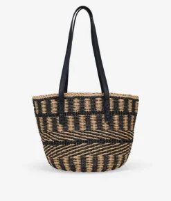 Bosanova Sacs Raphia Et Crochet | Sacs Porté Épaule | Sac fourre-tout beige et noir avec poignées d'épaule