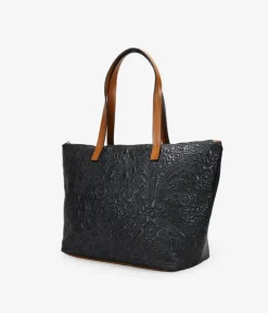 Bosanova Sacs Shopper | Sacs Porté Épaule | Sac shopping noir avec broderie florale et fermeture éclair