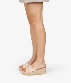 Bosanova Sandales Compensées | Chaussures En Cuir | Sandales à bride arrière en cuir beige avec semelle compensée en sparte