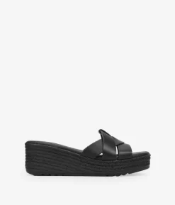 Bosanova Sandales Compensées | Chaussures En Cuir | Sandales à bride arrière en cuir noir avec semelle compensée en sparte