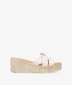 Bosanova Sandales Compensées | Chaussures En Cuir | Sandales à bride arrière en cuir beige avec semelle compensée en sparte