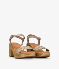Bosanova Sandales À Talons | Sandales à talons taupe en cuir avec raphia