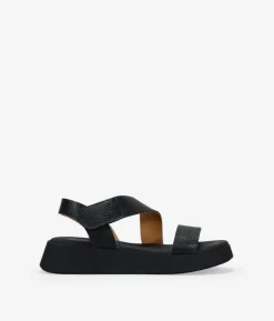 Bosanova Sandales Compensées | Chaussures En Cuir | Sandales compensées en cuir noir à fermeture facile