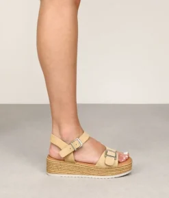Bosanova Sandales Spartiates | Sandales Compensées | Sandales en cuir beige avec compensée et boucles en sparte