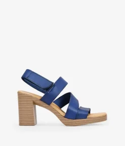 Bosanova Sandales À Talons | Chaussures En Cuir | Sandales en cuir bleu marine à talon effet bois
