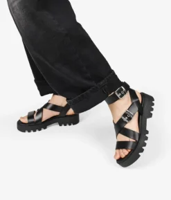 Bosanova Sandales Plateformes | Chaussures En Cuir | Sandales en cuir noir avec semelle track et boucles