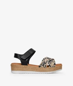 Bosanova Sandales Compensées | Chaussures En Cuir | Sandales en cuir noir avec raphia