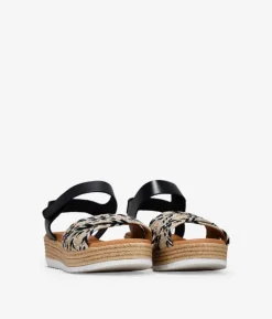 Bosanova Sandales Compensées | Chaussures En Cuir | Sandales en cuir noir avec raphia
