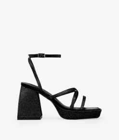 Bosanova Sandales À Talons | Sandales Plateformes | Sandales en satin noir avec strass