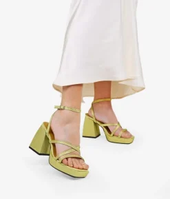 Bosanova Sandales À Talons | Sandales Plateformes | Sandales en satin vert anis avec strass