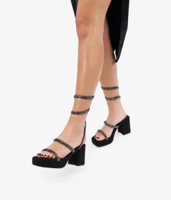 Bosanova Sandales Plateformes | Sandales À Talons | Sandales noires avec diamants et bracelet spirale