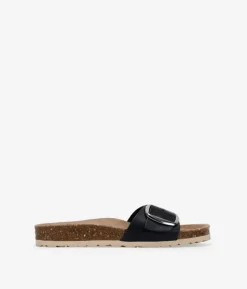 Bosanova Sandales Plates | Chaussures En Cuir | Sandales plates en cuir noir avec grande boucle