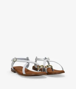Bosanova Sandales Plates | Chaussures En Cuir | Sandales tongs en cuir blanc avec ornements métalliques