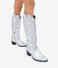 Bosanova Bottes Hautes | Bottes Cowboy | Santiags argentées avec broderie