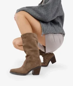 Bosanova Bottes Cowboy | Chaussures En Cuir | Santiags taupe en cuir suédé avec talon en bois